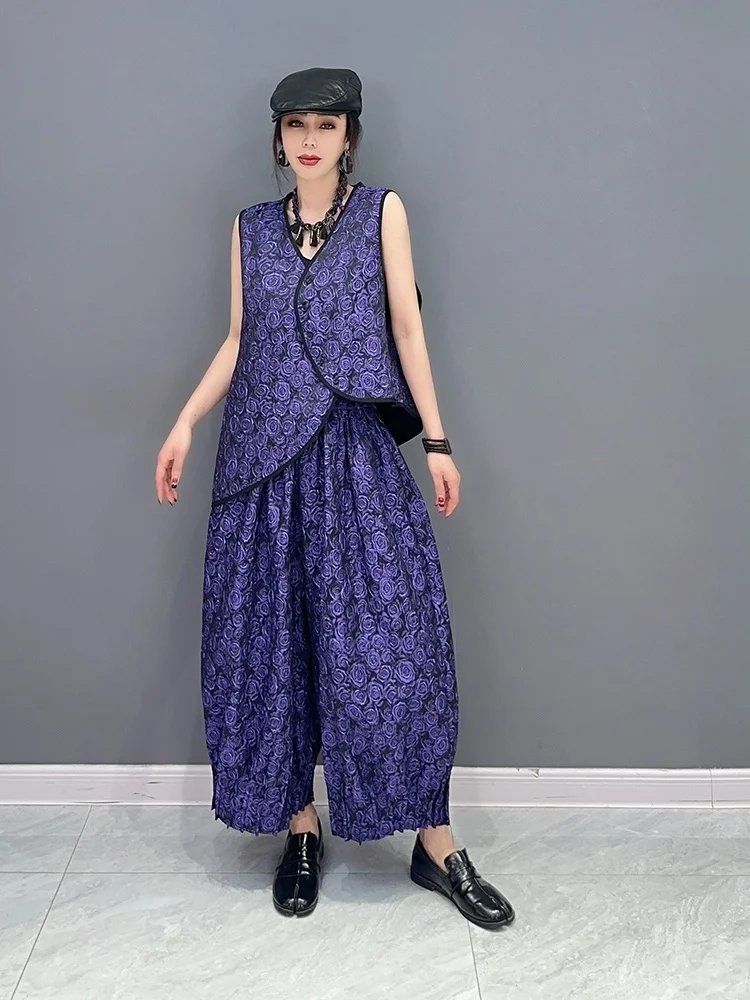 Vefadisa 2024 Summer New Chinese Style Sleeveless Vest Top Casual Long Two Piece Set Asymmetric Women Matching Suit Purple ZY368