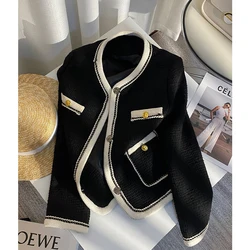 MEXZT Vintage Tweed Jacket Women Cropped Black Patchwork Coat Korean Elegant Chic Outerwear Winter Ladies Long Sleeve Blazer New