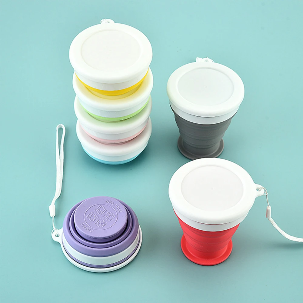 Portable Silicone Folding Water Cup 200/350ml Heat Resistant Telescopic Collapsible Foldable Mug With Lid For Travel Camping