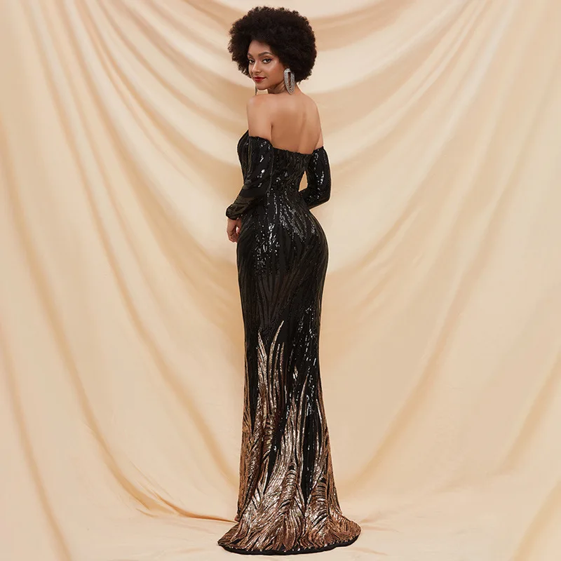 Strapless Sequins Three Quarter Sleeve Women's Small Tuxedo Black High Waist Backless Party Gown Decorative Pattern Prom Dress