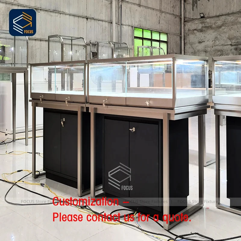 custom.Retail Glass Display Showcase LED Lighted Metal Frame Lockable Cabinet Counter Design Custom Shop Fixture Unit
