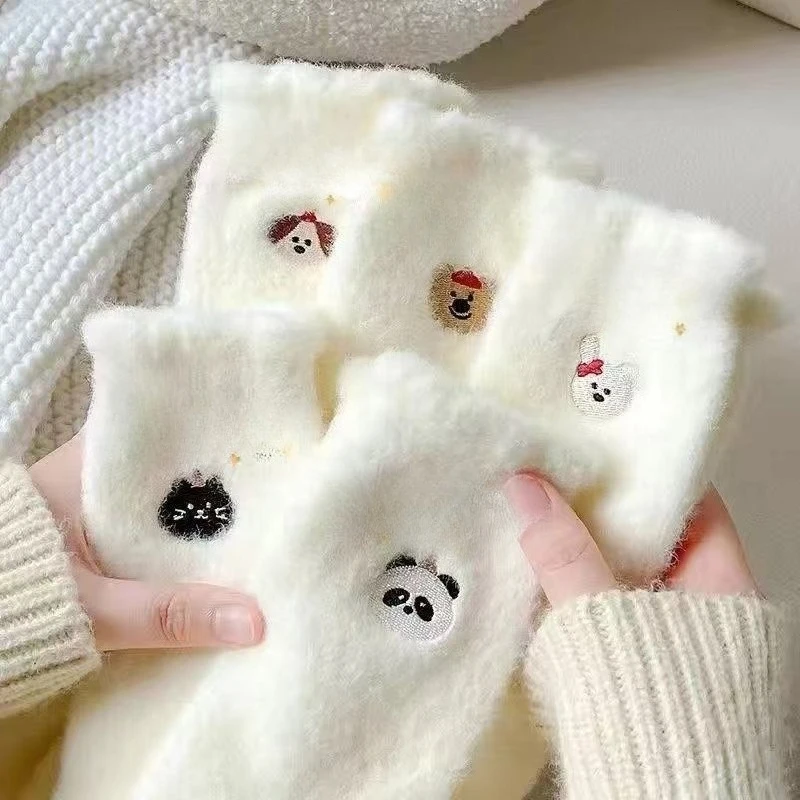 5 pairs of autumn winter women's pure white warm plush thick socks middle tube cute simple comfortable socks for winter