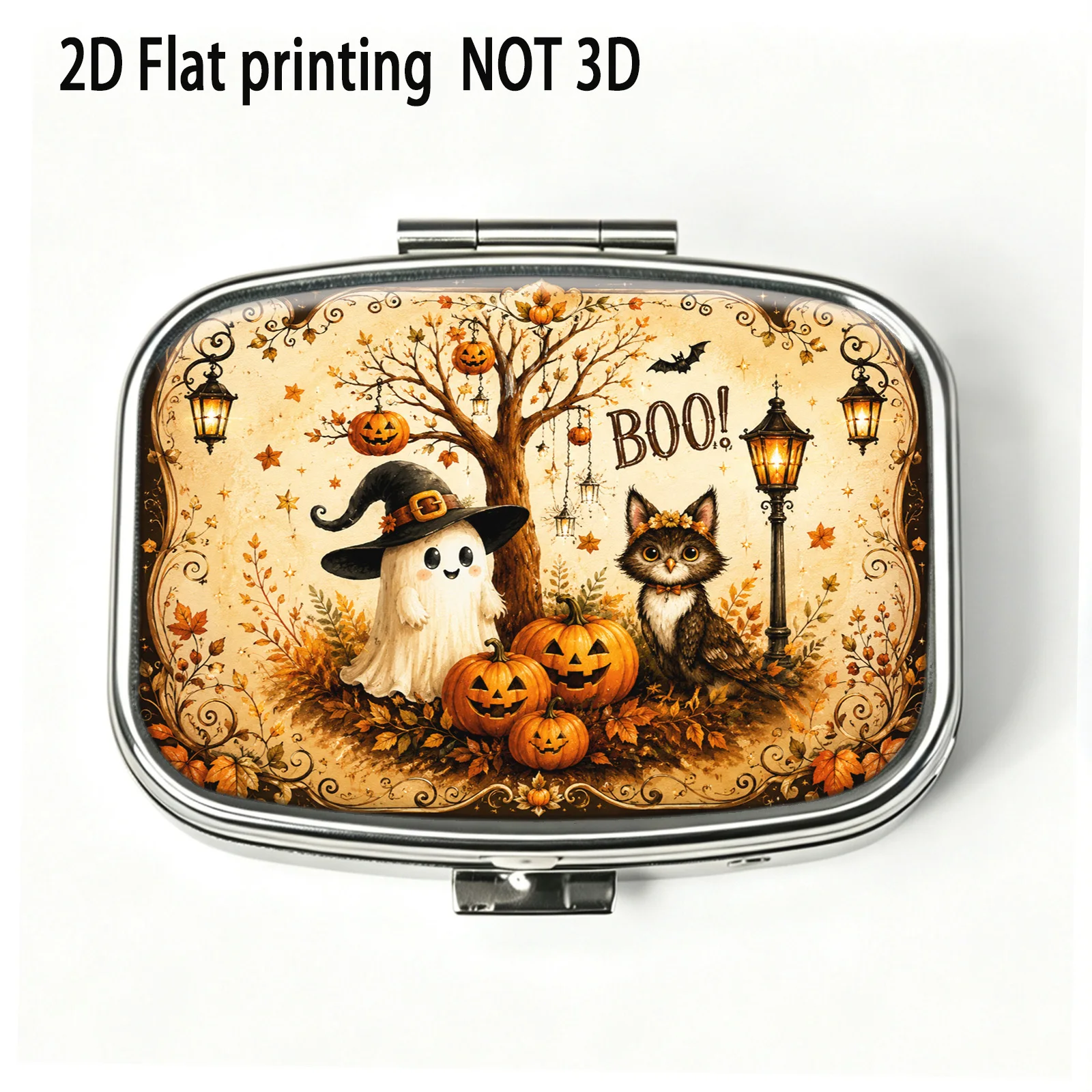 Autumn Treehouse Ghost Black Cat Pumpkin Halloween Cozy Illustration Pattern, Small Square Two-Compartment Pill Organizer, Portable Medicine Storage, Can Also Be Used as a Household Portable Organizer, Decorative Box, Perfect for Handbags, Wallets, and Travel, Metal Storage Box, Small Jewelry Organizer, Holiday Gifts, Souvenirs, Prizes, Small Gifts