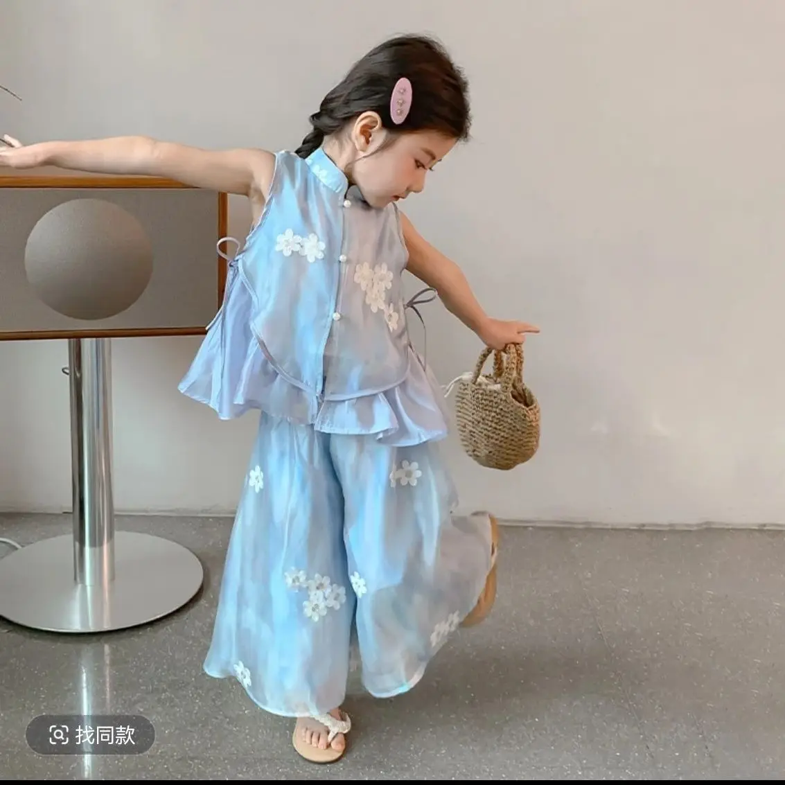 Kids Girls Elegant Oriental Set, Light Blue Tie-Dye Sleeveless Vest with Floral Embroidery + Sheer Wide Leg Pants, Summer Co-Ord