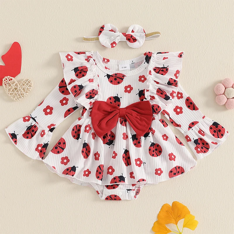 Baby Girl Fall Outfit Bee Print Ruffle Flare Sleeve Ribbed Romper Dress Bow Headband 2 Piece Set