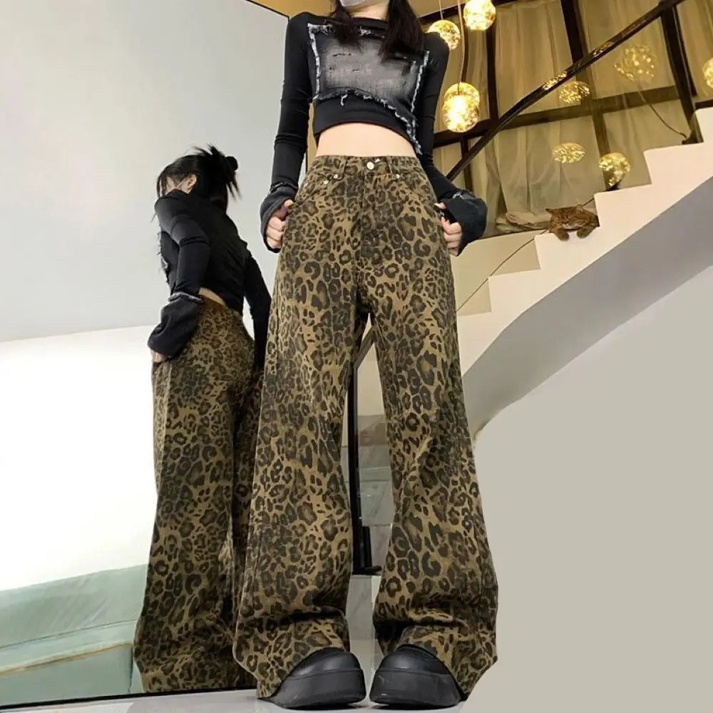 

Simple Baggy Leopard Print Jeans Wide Leg Straight Leg Cowboy Pants Ins Style Retro High Waist Pants Girls