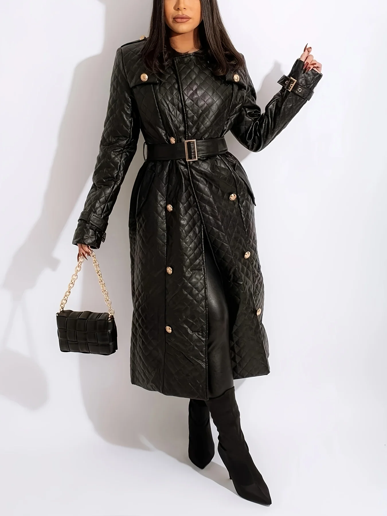 

Plus Size Women's Trench Coats Autumn Spring Black Streetwear Leather Jackets Elegant Office Lady Slim Warm Long Coat With Belt