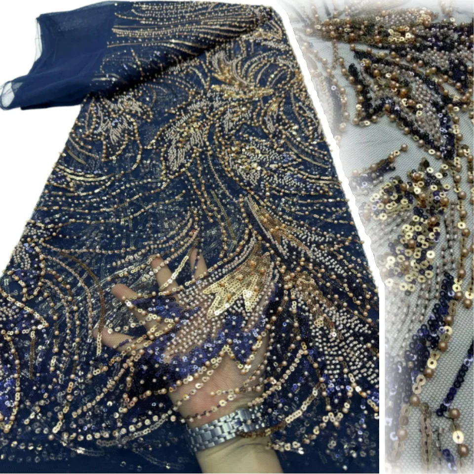 

High Quality Nigerian Beaded Lace Fabric 5 Yards End African Sequins Embroidery Tulle Lace For Wedding Party Dress Sewing 2719
