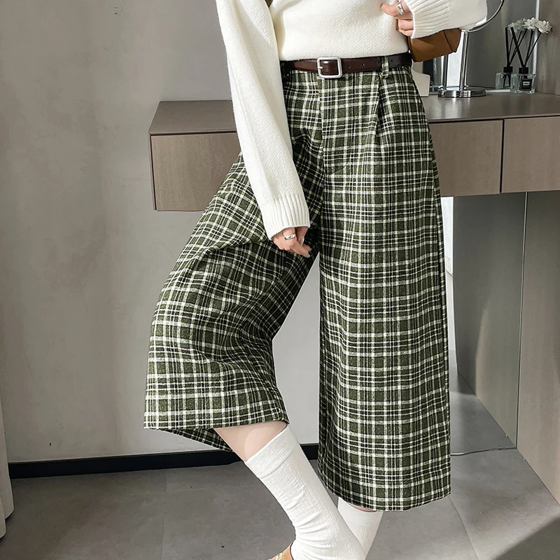 Vintage Plaid Capris Pants Women Autumn Winter Thick Woolen Pants High Waist Wide Leg Fashion Casual Boot Pants Female with Belt