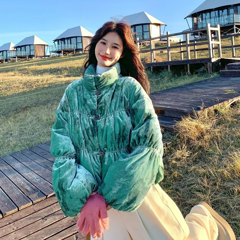 ベルベットスタンドカラーダウンジャケット レディース ショートスタイル 2025冬新作 ルーズ 無地 90%ホワイトダックダウン ブレッドジャケット