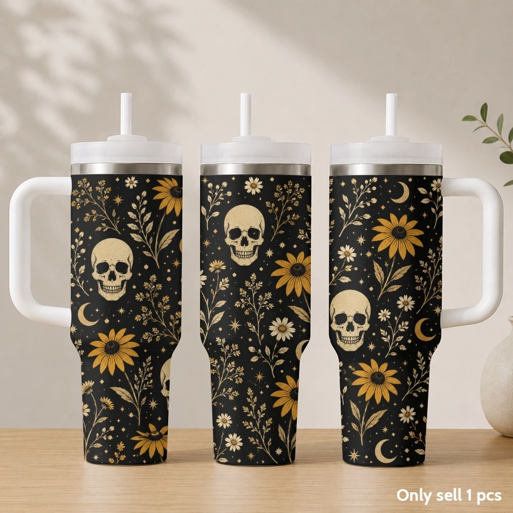 Halloween Retro Skull Vacuum Flasks 40oz Stainless Steel Insulated Tumbler with Handle & Straw Leakproof Travel Mug