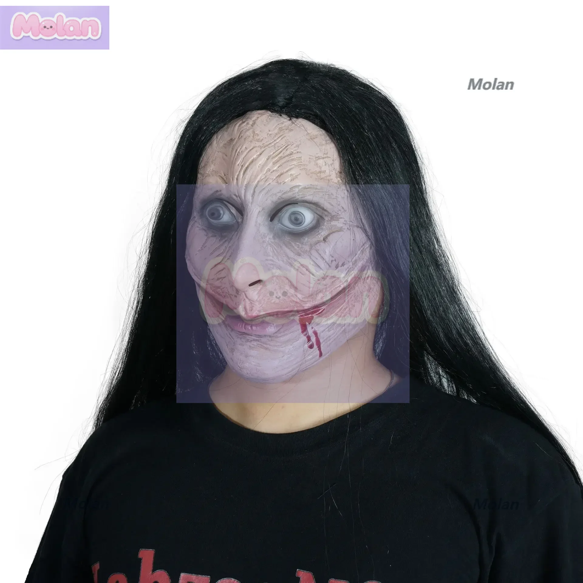 

Halloween horror long hair crack mouth demon mask big mouth zombie latex headgear explosion dress up mask