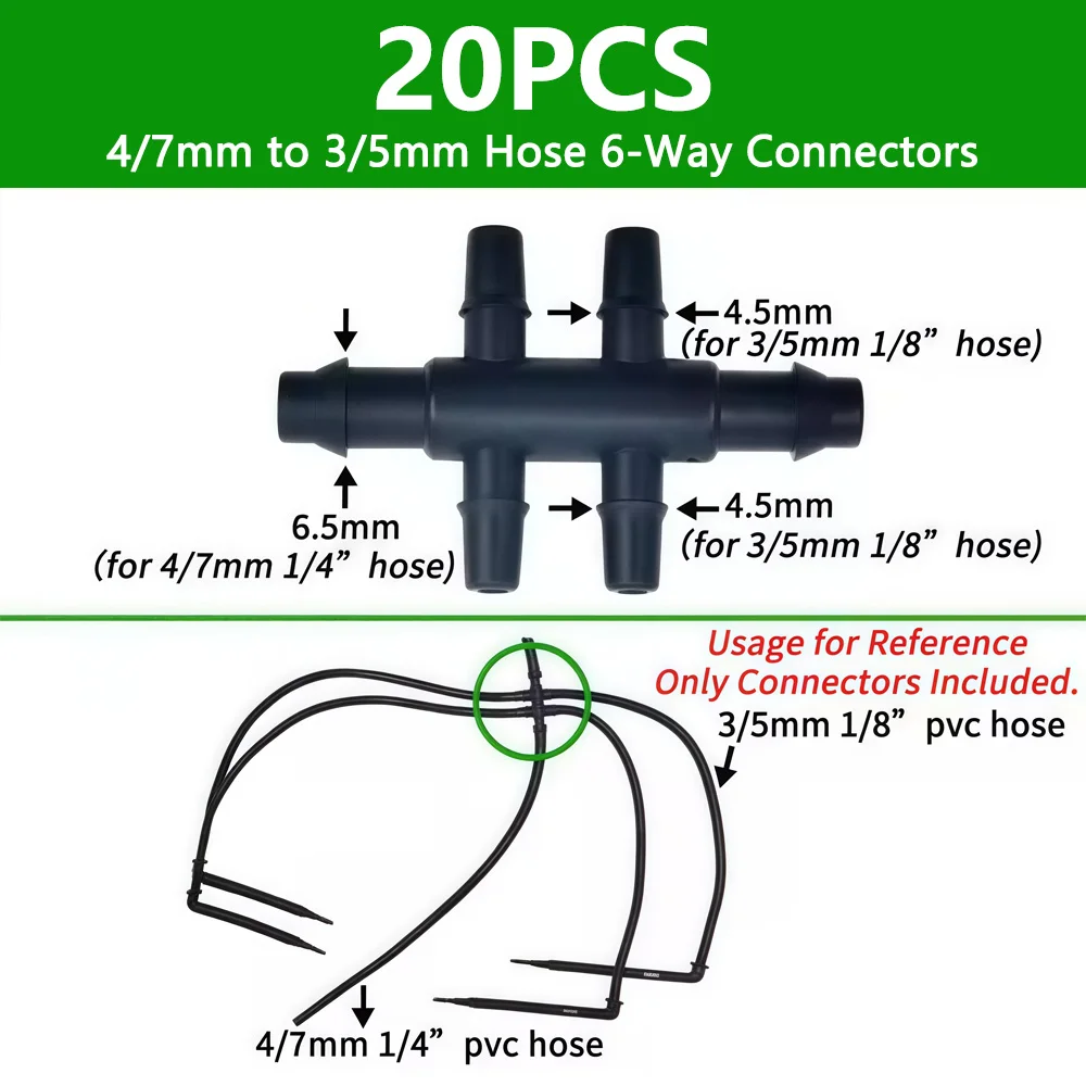 20PCS For 4/7mm to 3/5mm Hose Water Pipe Repair Garden Tool6-Way Drip Irrigation 1/4 to 1/8 Inch Barbed Connector Adapter