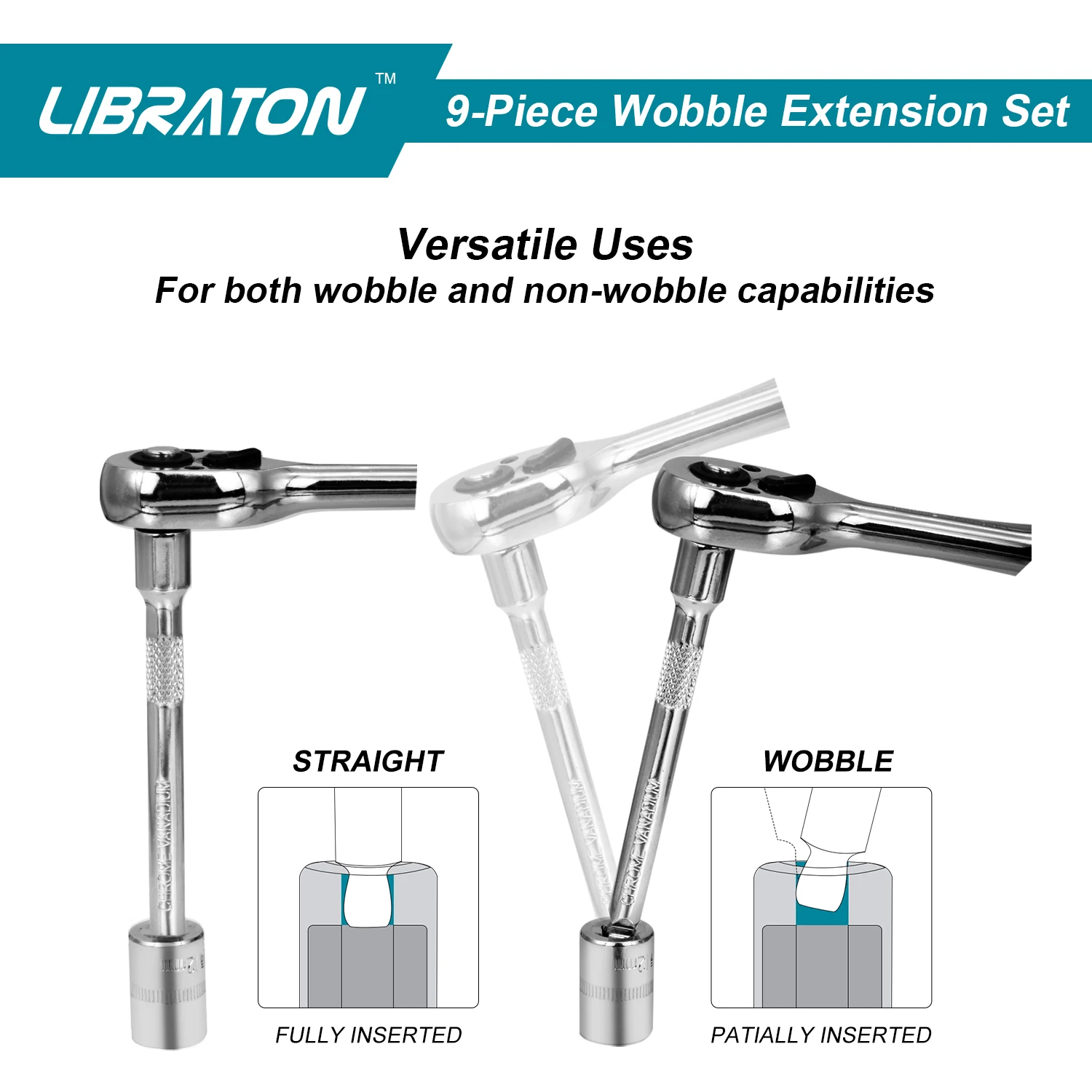 Libraton 9Pcs Wobble Extension Set 1/4\'\' 3/8\'\' 1/2\'\', Wobble Socket Extension Set, Drive Socket Extension Bars