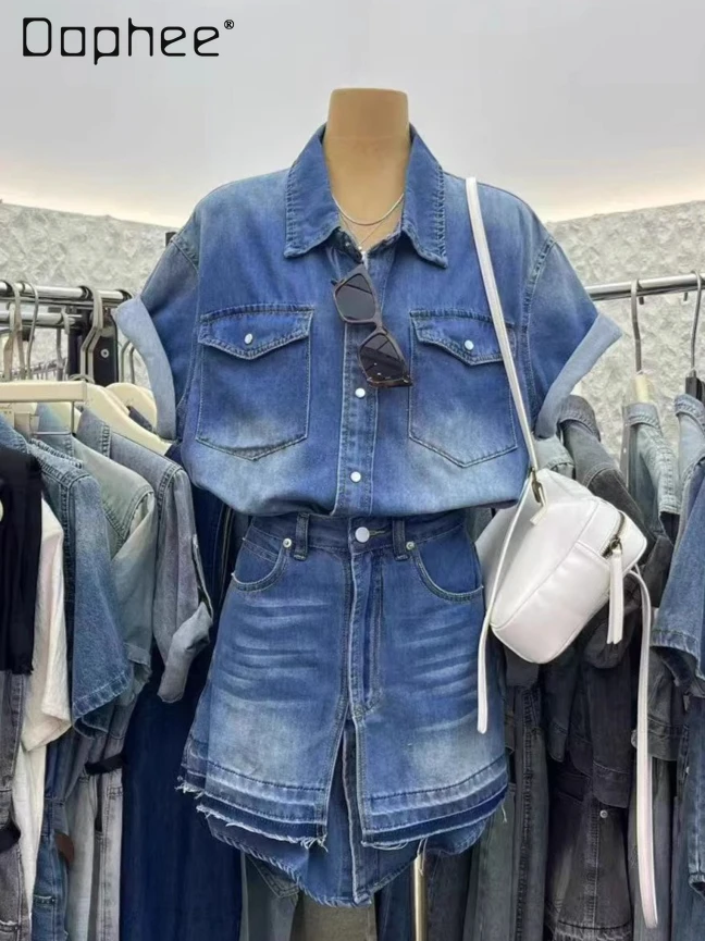 

Summer New Korean Street Spice Y2K High Waist Slim Short Sleeve Denim Dress Women Commuter Style Fashion Irregular Mini Dress