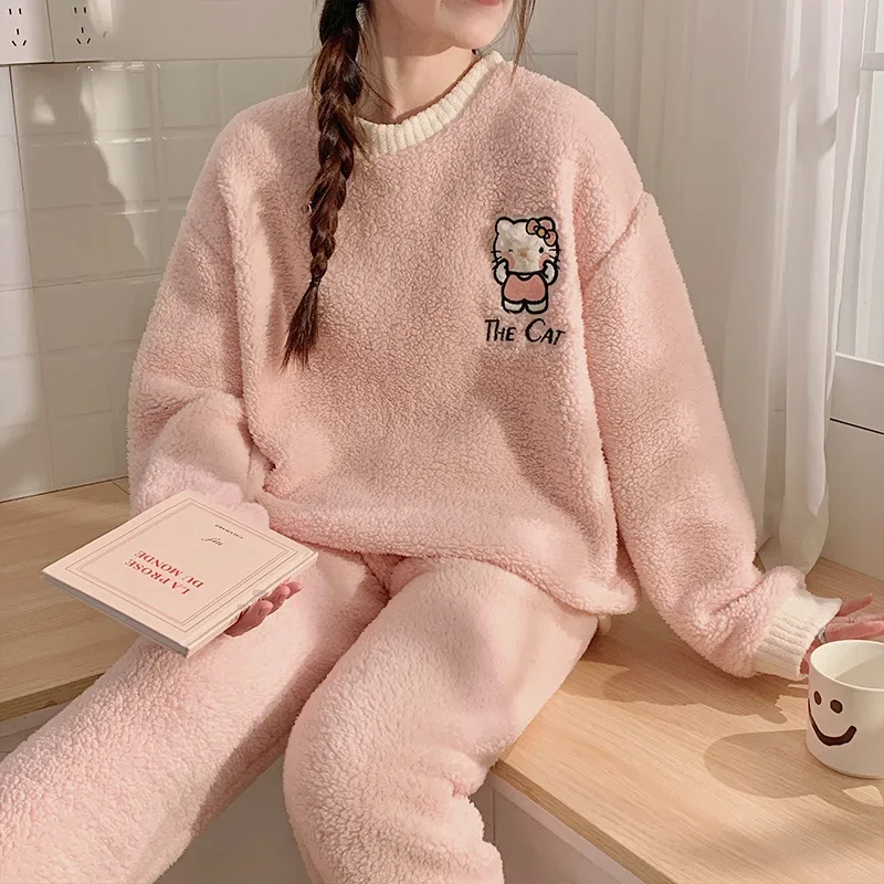 Anime Sanrio Hello Kitty Plush Women Pajamas Cartoon KT Cat Round Neck Long-sleeved Pants Winter Thickened Warm Homewear Suit