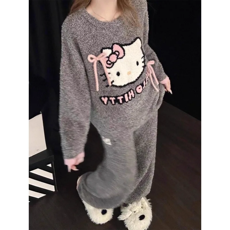 

Kawaii коралловые бархатные пижамы «Hello Kitty» для девочек, зимние милые милые пижамы с бантом на флисовой подкладке, утепленная домашняя одежда, новый костюм
