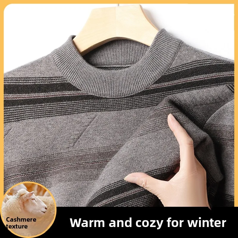 

Мужской модный полосатый вязаный свитер с воротником-стойкой, мягкий, удобный, из полиэстера, с длинным рукавом, повседневный зимний топ