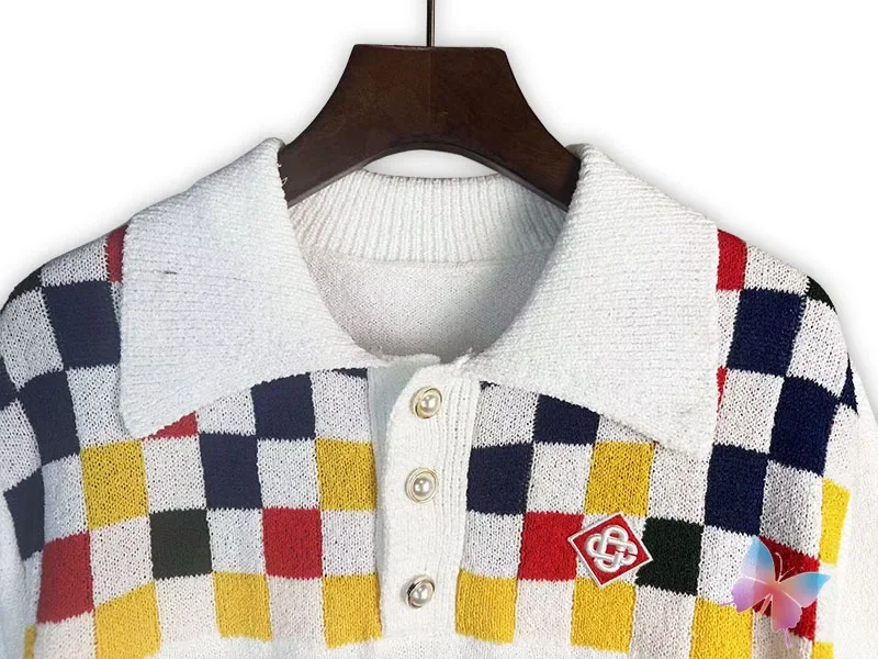 Street Colorful Checkered Lapel Short Sleeved 2XL Polo Shirts Embroidered Logo Pearl Half Open Buckle Knitted Tshirts Men Women