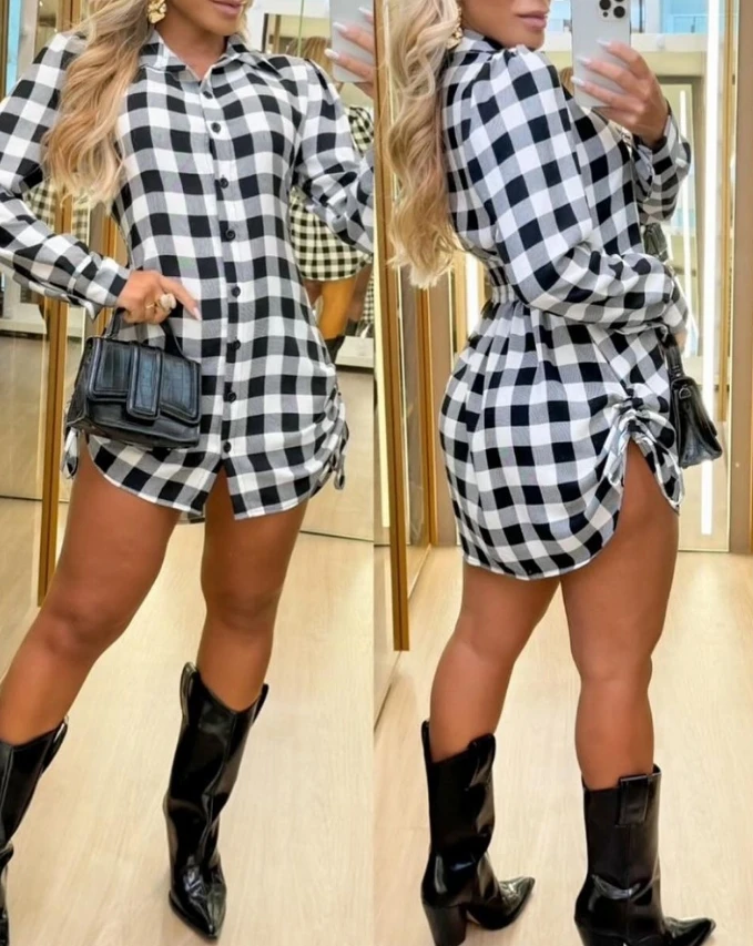 

Summer Women's New Style Plaid Print Buttoned Side Drawstring Shirt Dress Temperament Commuting Leisure Comfortable Dress