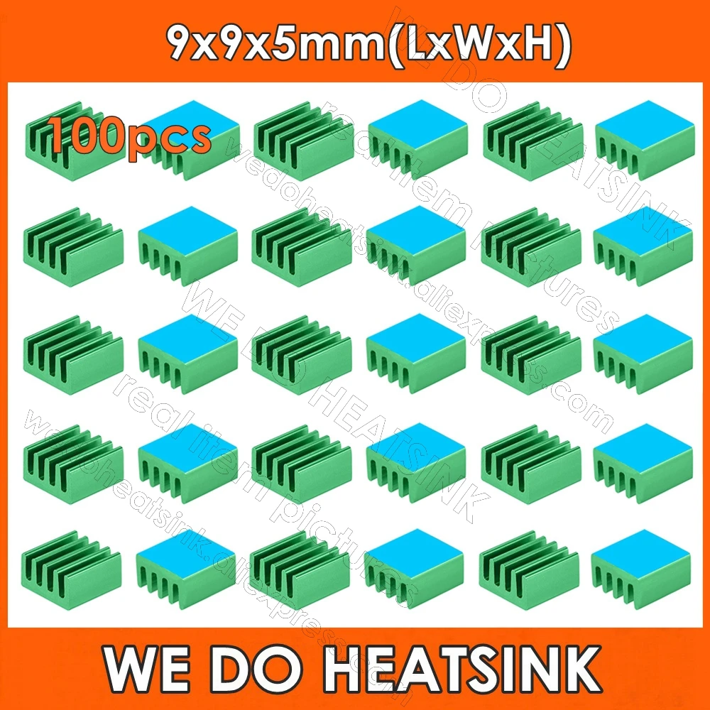 

WE DO HEATSINK 100pcs 9x9x5mm Green RAM MOS Aluminum Heatsink Radiator Cooler With Thermal Adhesive Double Sided Tape Pad