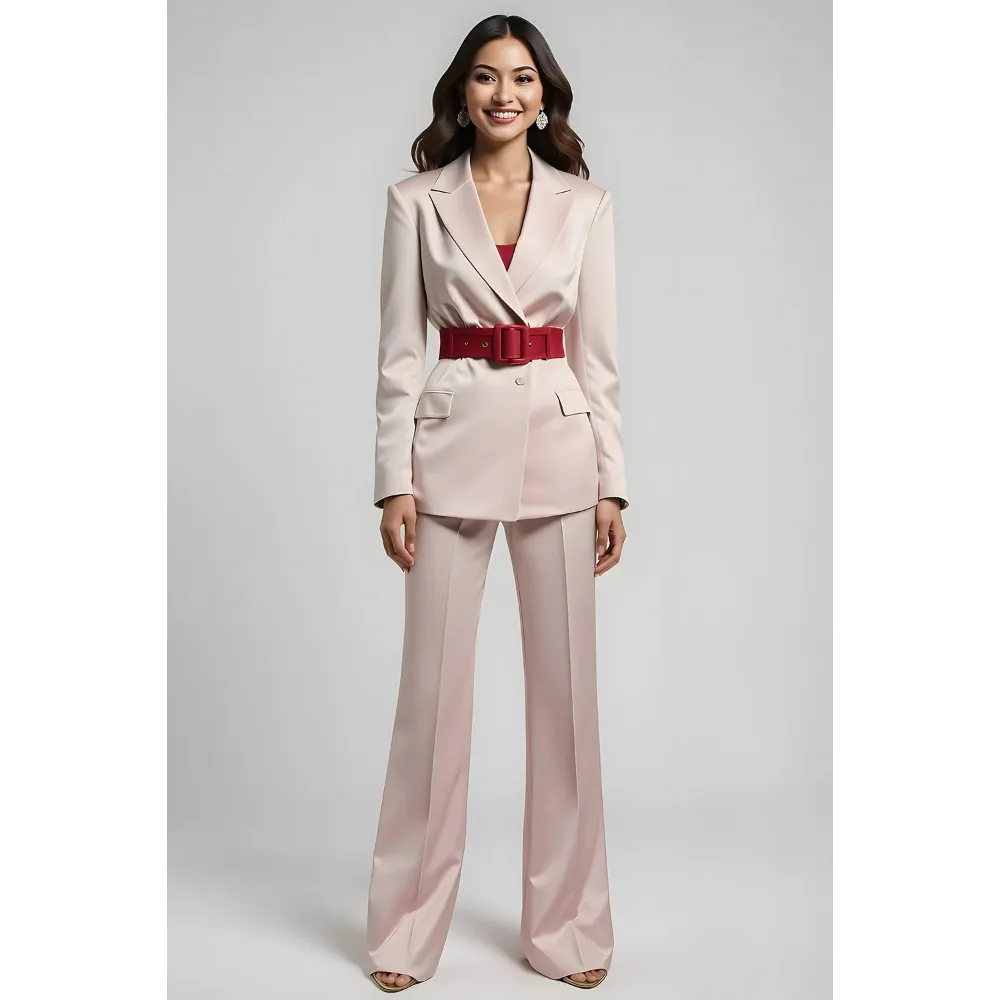 

Elegant Women Satin 2-Piece Suit Set 2025 New Beige Blazer & Wide-Leg Pants with Red Belt Office Workwear Formal Outfit