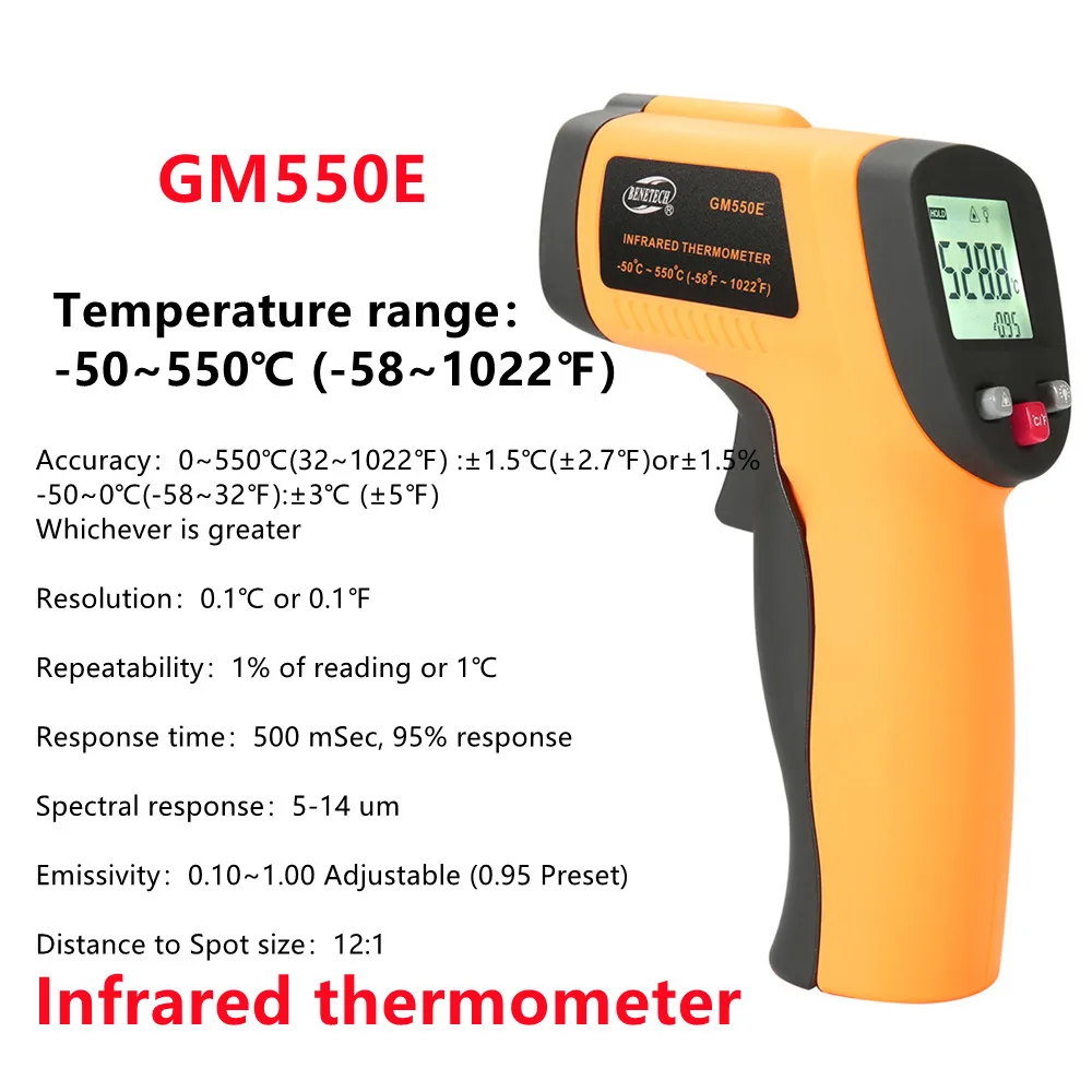 5PCS -50~550℃ Digital Infrared Thermometer GM550E Non-Contact IR Laser Sensor Industrial Temperature Meter Gun Pyrometer