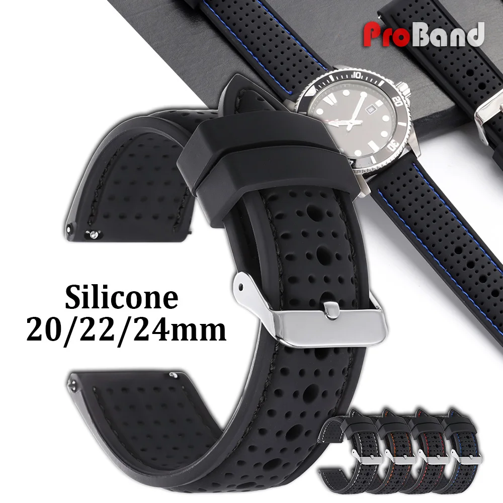 

New Breathable Silicone Sports WatchBand 20mm 22mm 24mm for Universal Watch Rubber Wrist Strap Soft Waterproof Men's Accessories