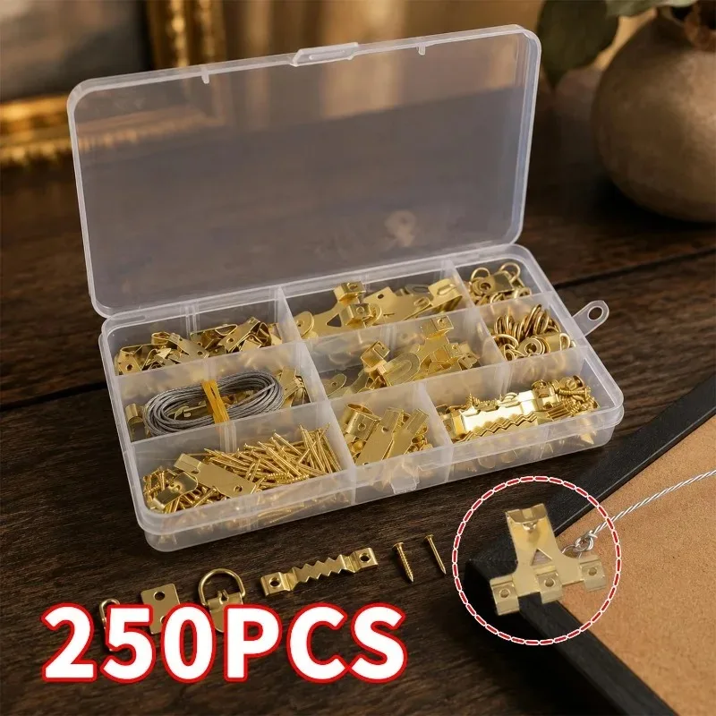 250Pcs Heavy Duty Picture Hanging Hardware Kit Iron Hooks Assortment with Nails Screws Sawtooth D Ring Wire for Frames Mirrors