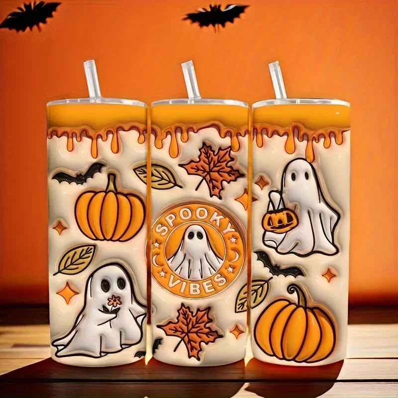 1pc 20oz Halloween Stainless Steel Roller Water Cup With Lid Double Wall Vacuum Insulated Travel Cup Spooky Tumbler