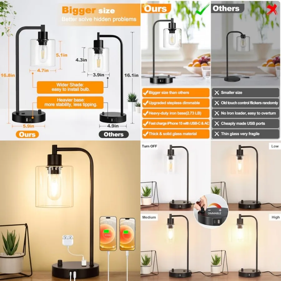 Industrial Table Lamp with USB A+C Ports and Outlet, Fully Stepless Dimmable Modern Nightstand Lamp, Glass Shade Bedside Desk L