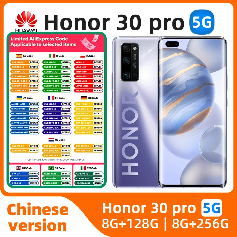 Honor 30 Pro 5g SmartPhone 40MP Kirin 990 5G 50x Zoom 6.57inch 90Hz AMOLED 4000mah 40W Super Charger NFC original used phone