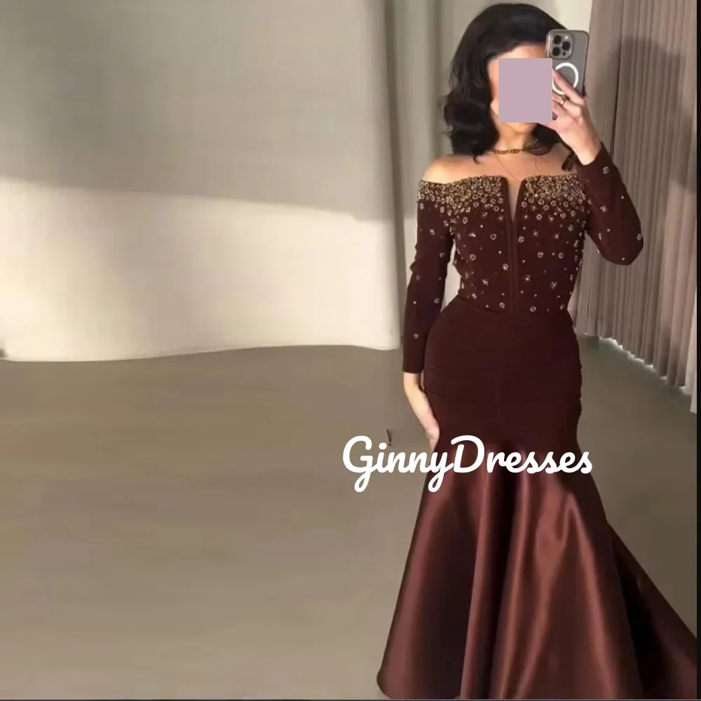 マーメイド カスタマイズ ビーズ装飾 イブニングドレス オフショルダー フロアレングスドレス 特別なイベント用 長袖 ジッパーアップ ベスティド