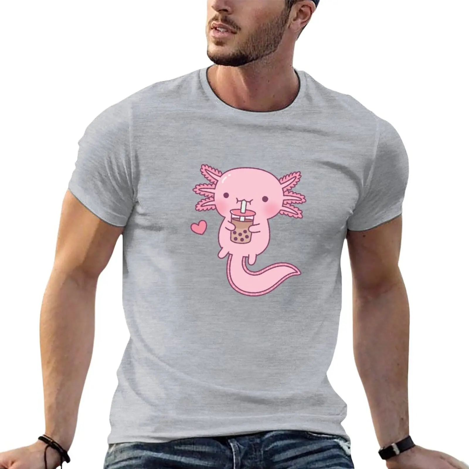 New Cute Axolotl Drinking Bubble Tea T-Shirt Anime t-shirt plain t-shirt boys white t shirts fruit of the loom mens t shirts