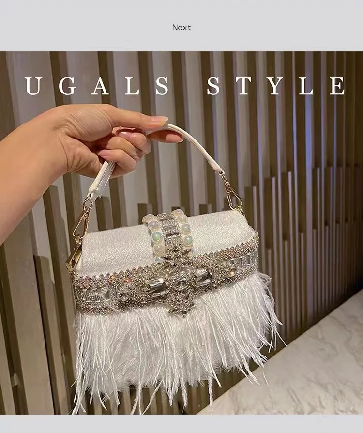 Luxury Ostrich Hair Velvet Bag Crystal Rhinestone Diamond Evening Bag Women Handbag Wedding Party Clutch Purse Crossbody Bag