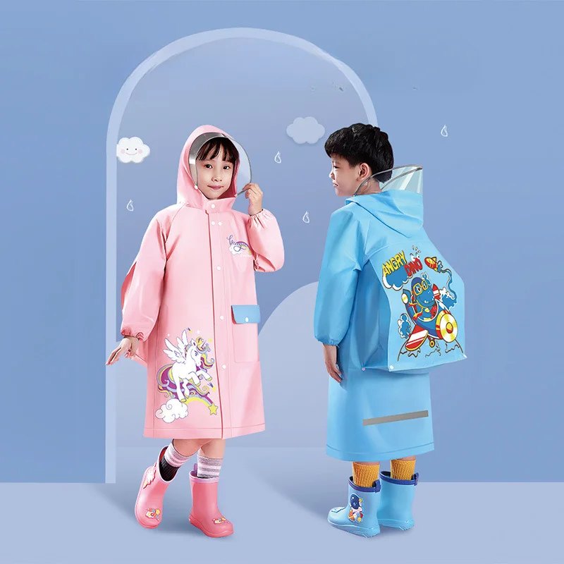 5-12 Year Old Children\'s Cartoon Raincoat Thickened and Extended Waterproof Raincoat with Backpack Space Large Capacity Raincoat