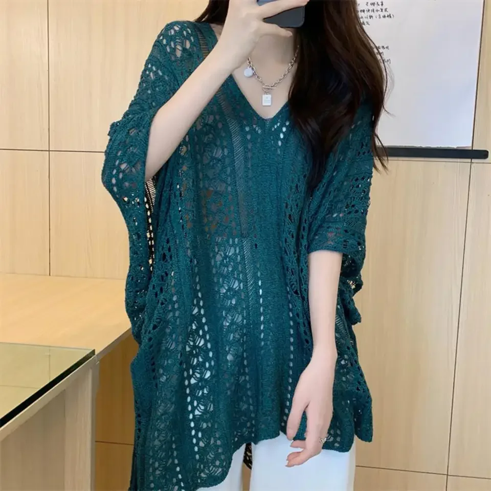 

Lightweight Cover Up V-neck Cover Up Dress for Beach Bikini Short Sleeve Hollow Out Summer Top Loose Fit Breathable Swimwear