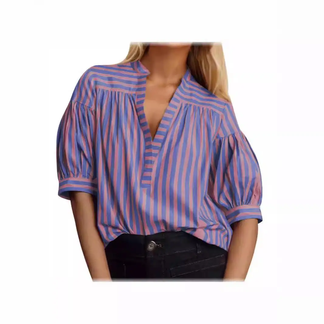 

Women's Casual Sle irt Striped Splicing Foldable Five Sve Polyester Fiber Blouse Bubble Sve Non-deformable Summer