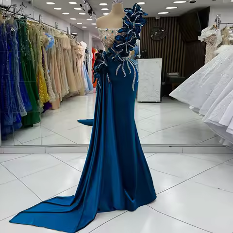 Dark Blue 3d Floral Evening Dress Luxurious Crystal Beaded Mermaid Dress With Train Strapless Cocktail Dress Customizable