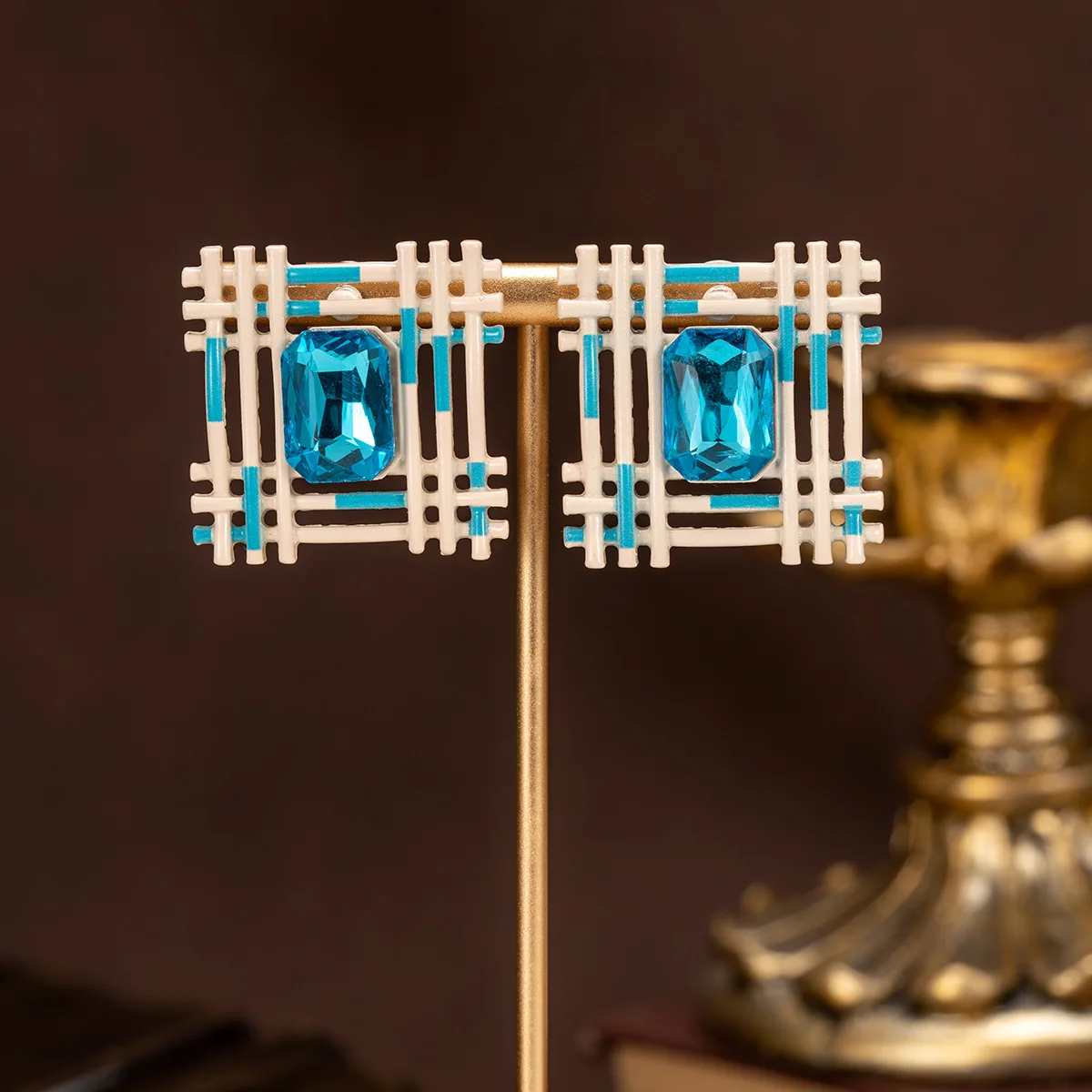 Medieval vintage grid-set blue square diamond earrings versatile earrings elegant enamel stud  винтажные серьги earrings