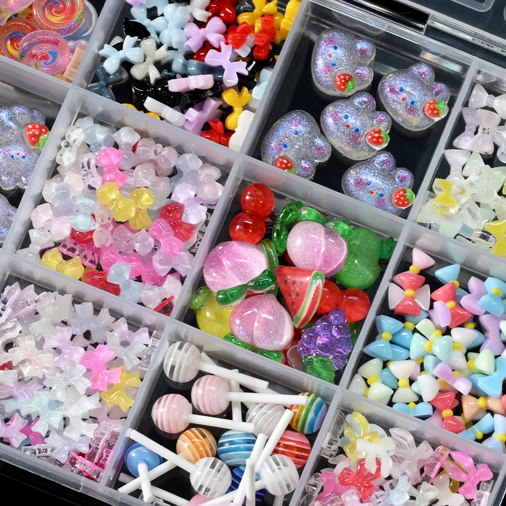 12 Griglie 3D Kawaii Mini Bowknot Resina Nail Art Fascino Ghiaccio Trasparente Lecca-lecca Coniglio Frutta Unghie Strass Carino Papillon Manicure