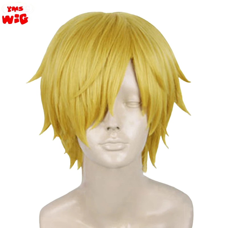 Sanji-Peluca de Anime de alta calidad, pelo sintético corto y liso, color amarillo dorado, resistente al calor, con gorro, SW-206, T0755