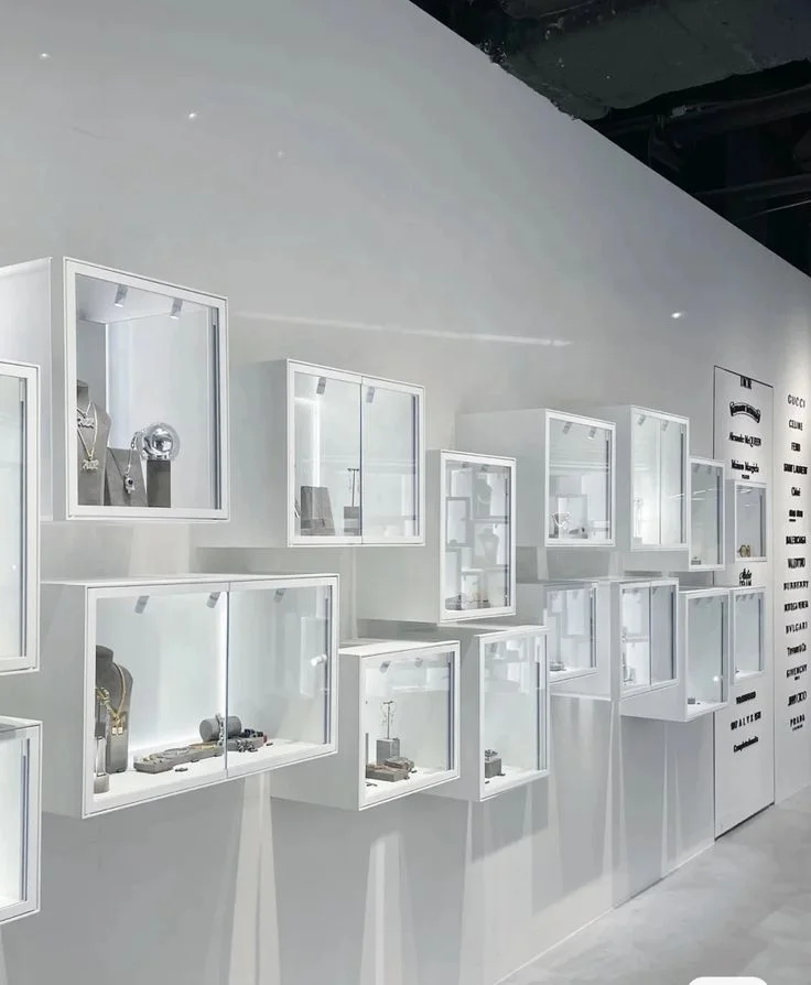 Custom White Wall Mounted LED Display Showcase Cabinet For Jewelry Watch Perfume Boutique Store