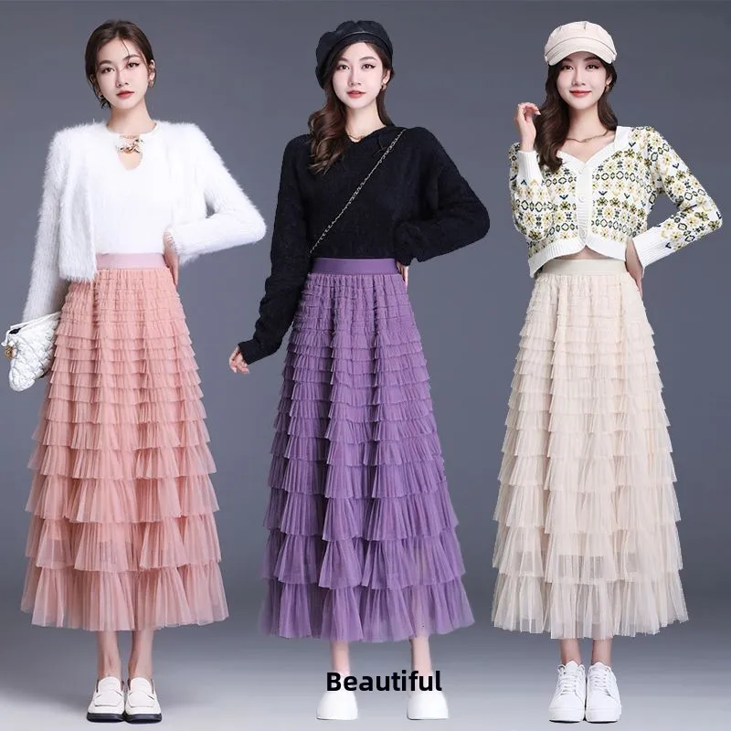 Multilayer Cake Skirt Half-length Women's Tulle Skirt Spring Summer 2024 New Fashion Long Slimming A-line Skirt Korean Style