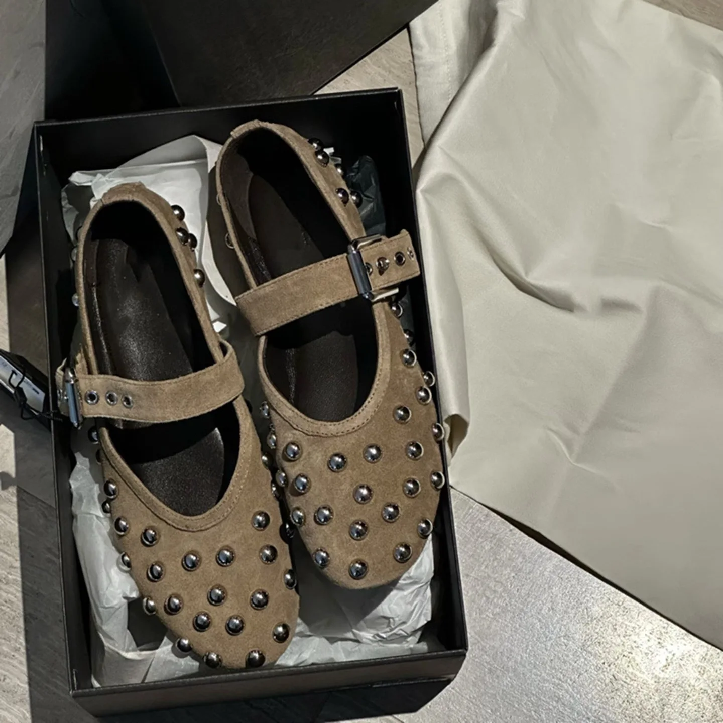 Zapatos Planos Mary Jane con Tachuelas para Mujer, con Correa de Hebilla, de Cuero/Sueño, Estilo Ballet, con Remaches Punk, Zapatos Casuales para Uso Diario y Fiestas