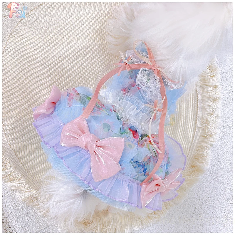 

Fairy Blue Princess Dress for Small to Medium Dogs Luxury Pet Clothes Chihuahua Yorkshire Puppy Skirt with Flower Home Wear