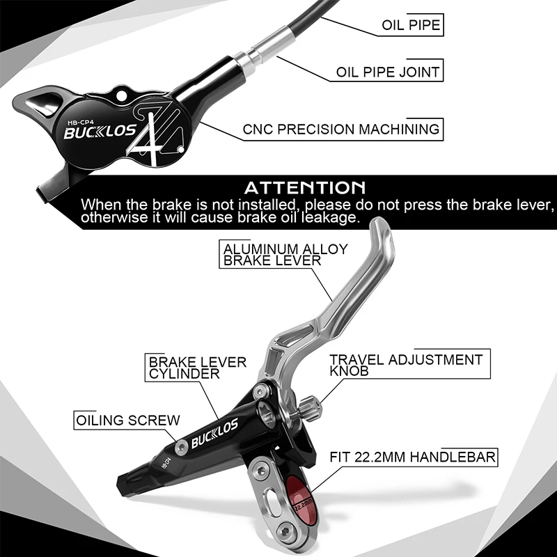 BUCKLOS MTB 4-zuiger hydraulische schijfrem 850/1550 mm fietsremset 4-zuiger oliedruk AM DH E-bike MTB schijfremmen