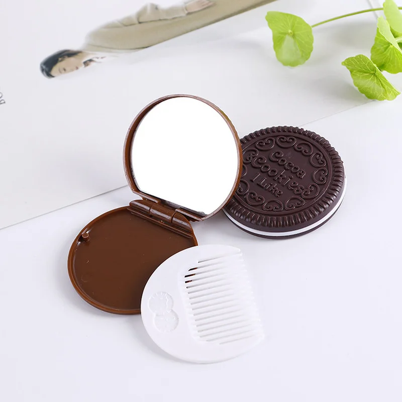 CASHOU136 Mini specchio tascabile dal design creativo a forma di biscotto con gocce di cioccolato con pettine Specchio per trucco da viaggio portatile