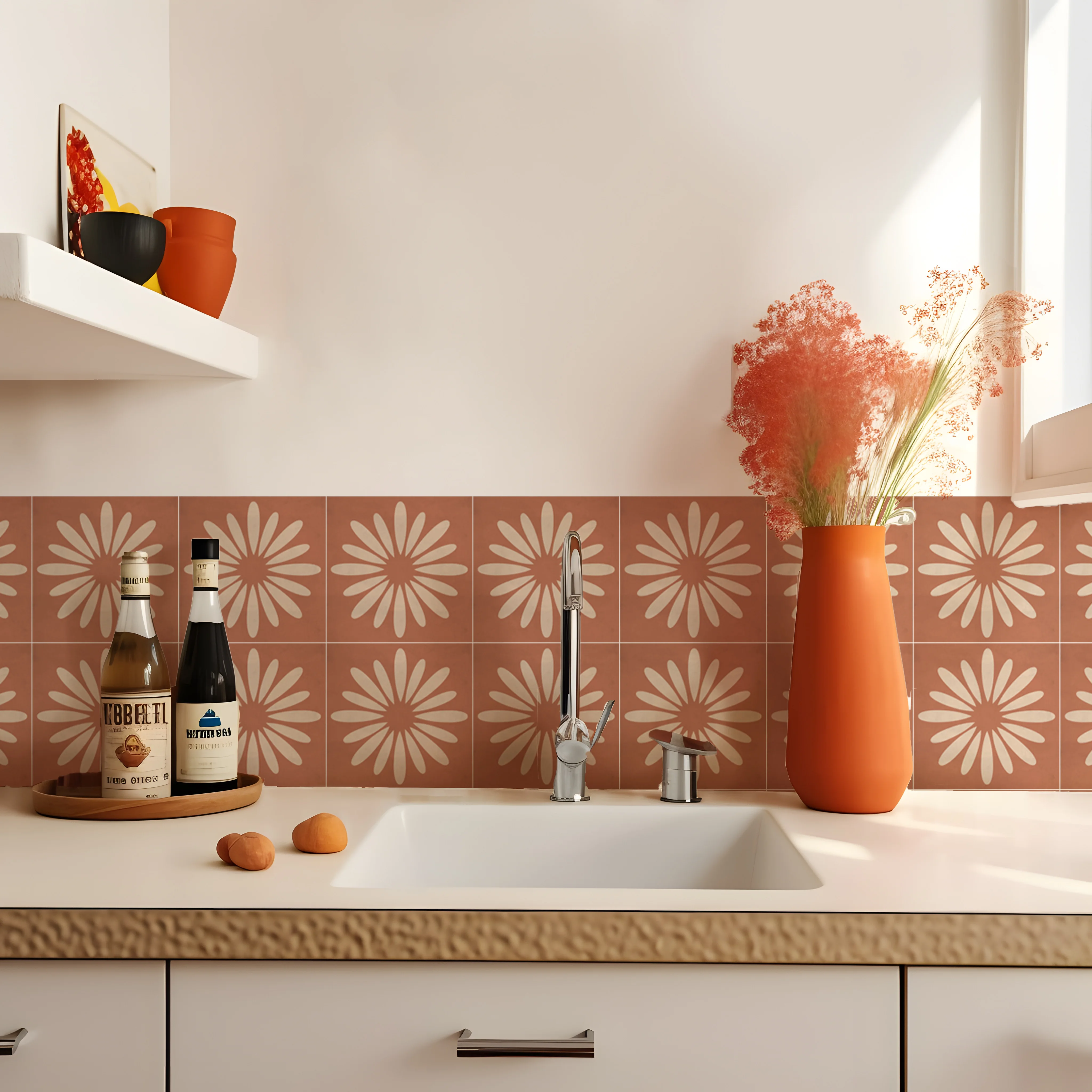 Terracotta Anti-Slip Peel and Stick Floor Tile Stickers for Bath, Kitchen, Laundry Floor - Waterproof & Removable