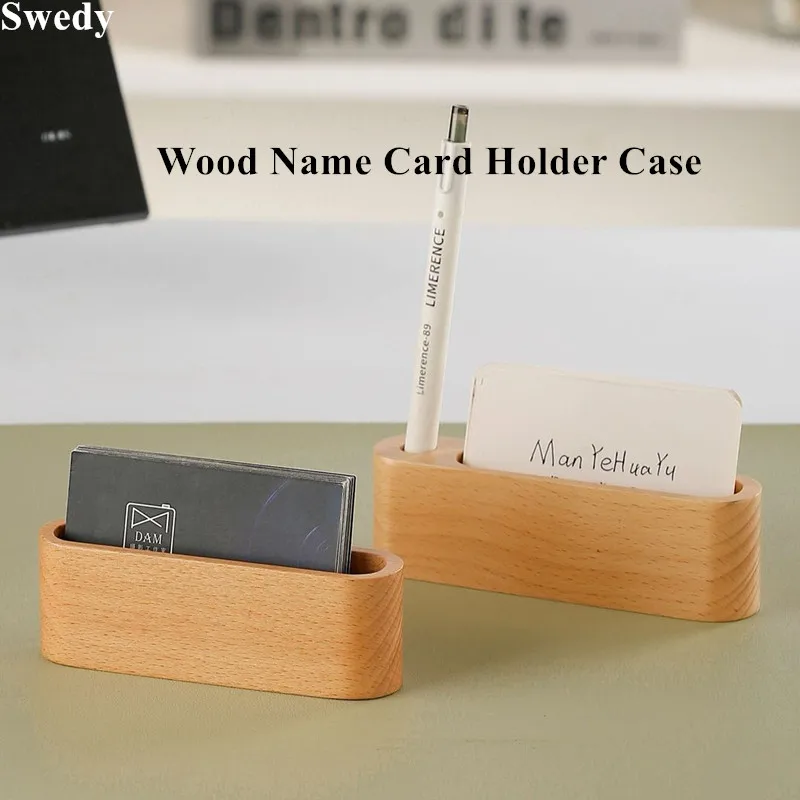 4 Pieces Wooden Business Name Card Holder Table ID Card Badge Holder Display Storage Box Name Card Holder Case
